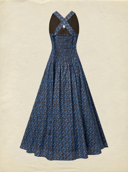 Maxi Cotton Dress, Sleeveless, V Neck, Floral, Lace, Vintage, Blue