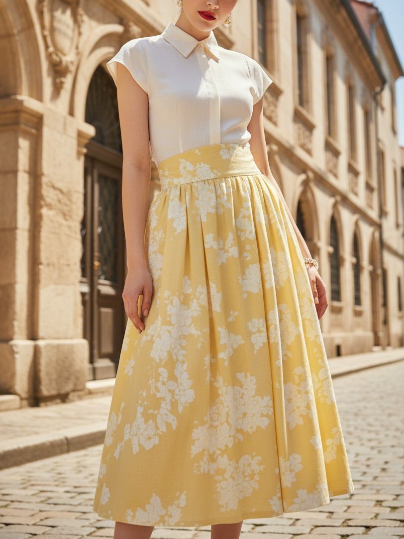 Linen Shirt, Short Sleeves, Shawl Collar, Floral, Button Design, Vintage, Yellow