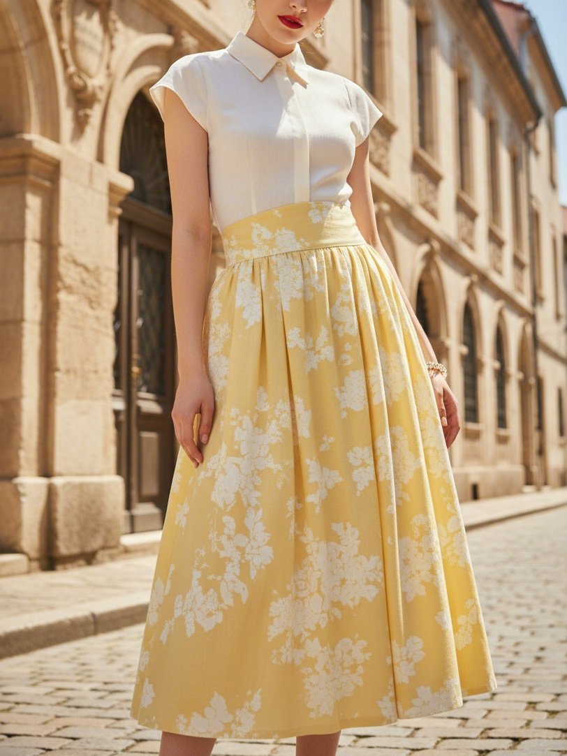 Linen Shirt, Short Sleeves, Shawl Collar, Floral, Button Design, Vintage, Yellow