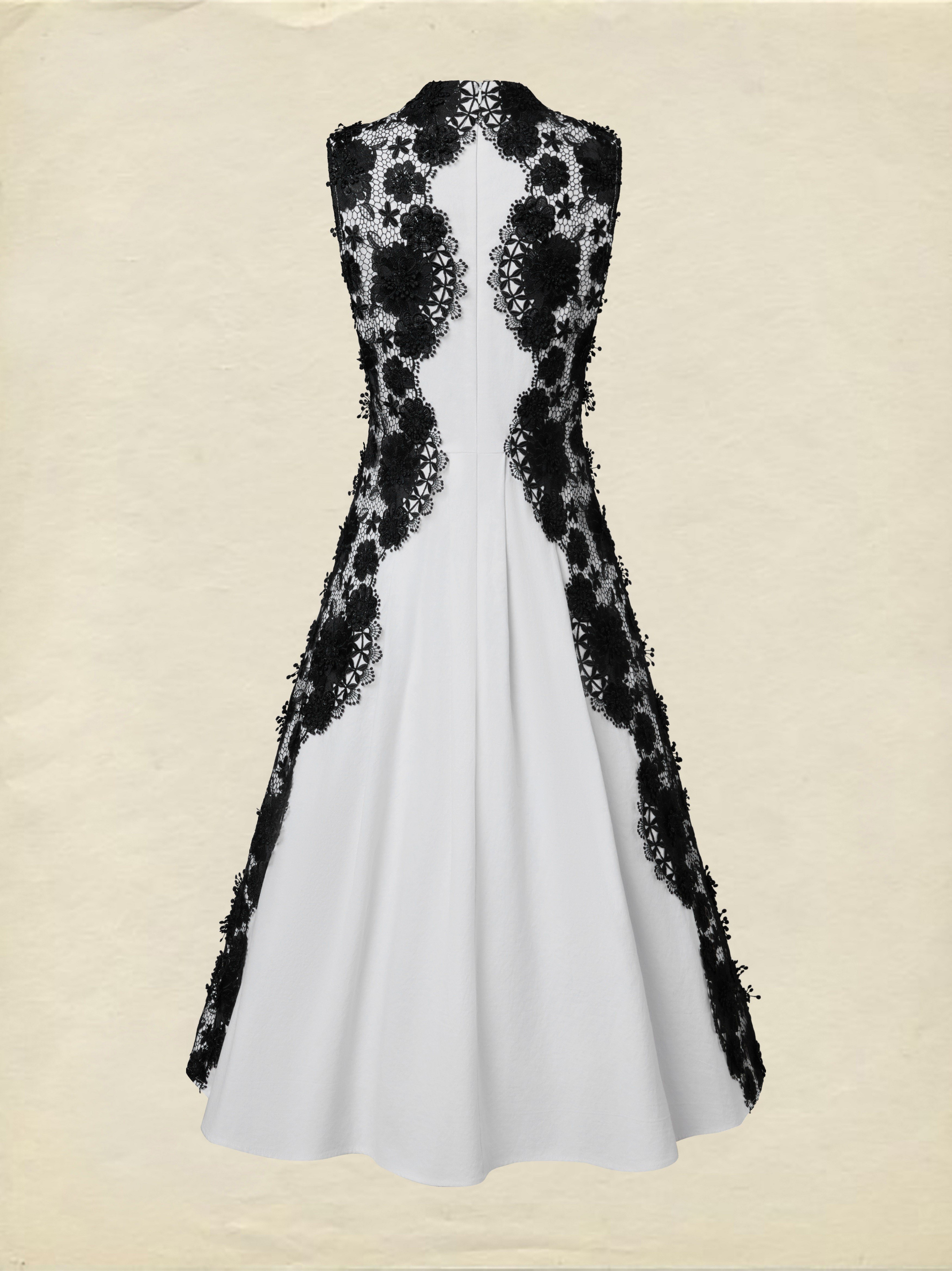 Midi Cotton Dress, Sleeveless, Stand Collar, Plain, Lace, French Vintage, White