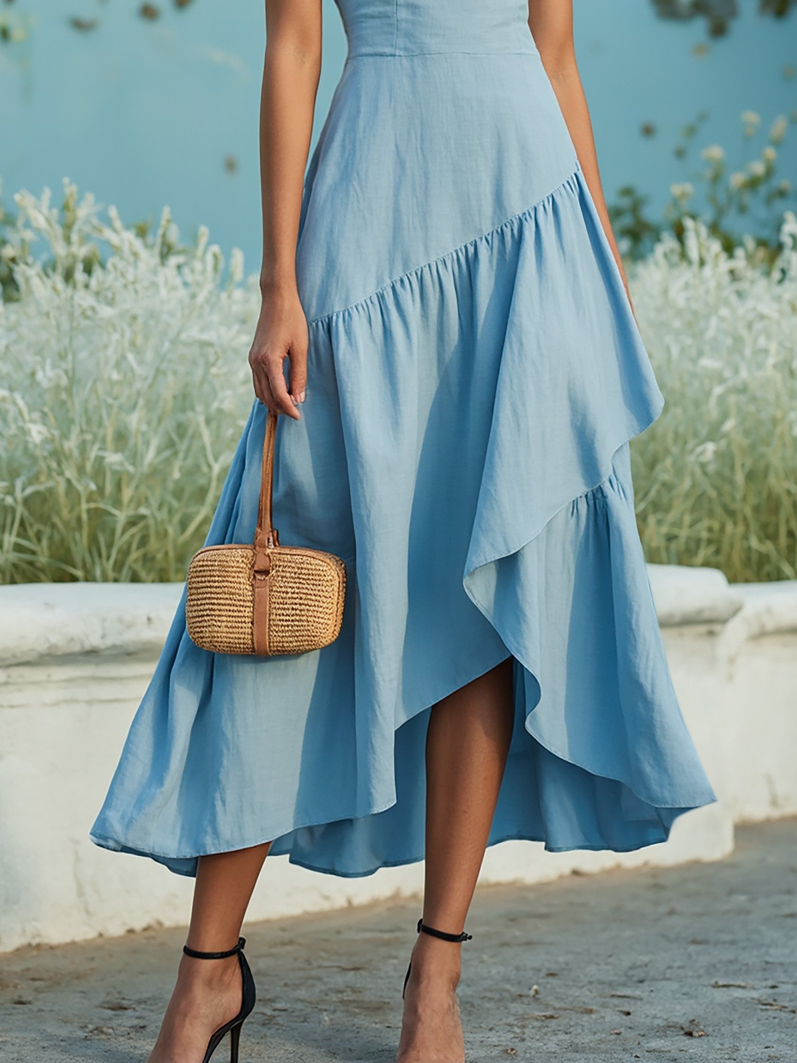 Maxi Cotton Dress , Sleeveless, Round Neck, Plain, Ruffles, French Vintage, Blue