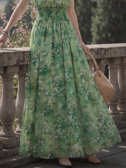 Maxi Linen Dress, Short Sleeves, Round Neck, Floral, Vintage, Green