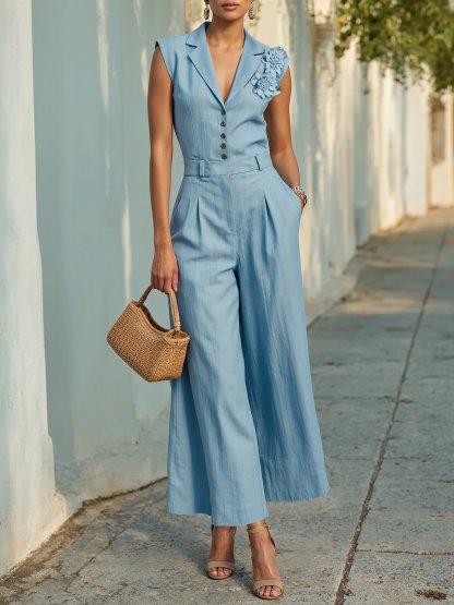 Cotton Jumpsuit , Cap Sleeves, V Neck, Plain, 3D Floral, French Vintage, Blue