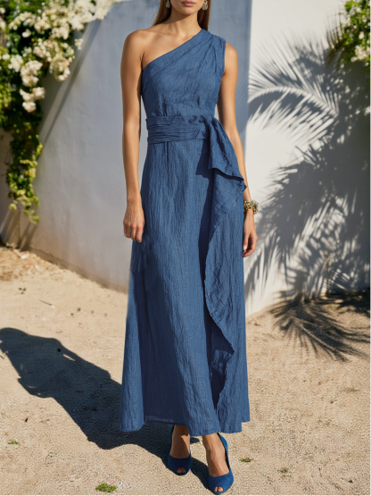 Maxi Linen Dress , Sleeveless, One Shoulder, Plain, Belt Design, French Vintage, Royal Blue