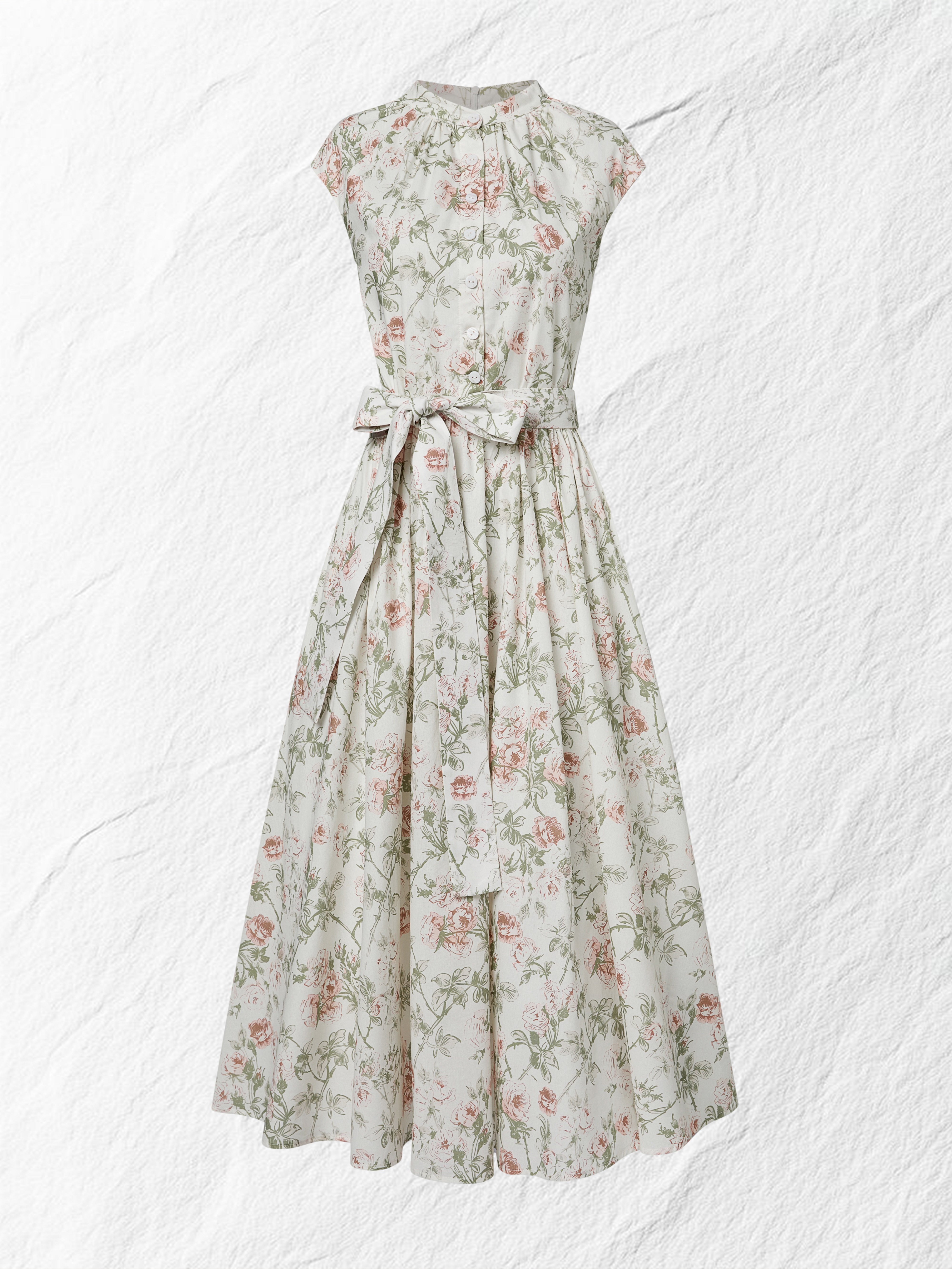 Midi Cotton Dress, Cap Sleeves, Round Neck, Floral, Belt Design, Vintage, Apricot