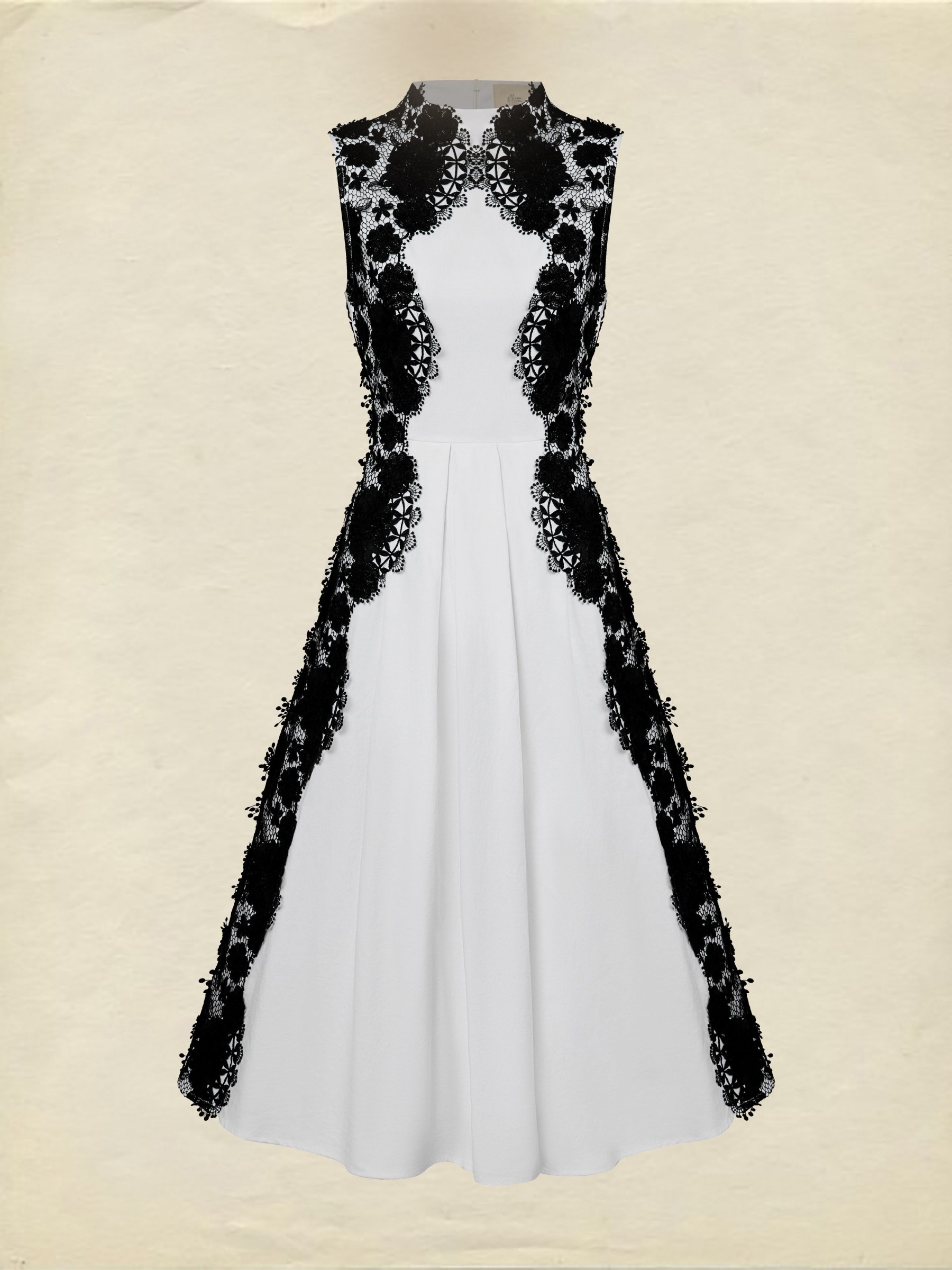 Midi Cotton Dress, Sleeveless, Stand Collar, Plain, Lace, French Vintage, White