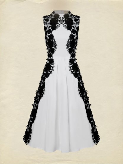 Midi Cotton Dress, Sleeveless, Stand Collar, Plain, Lace, French Vintage, White