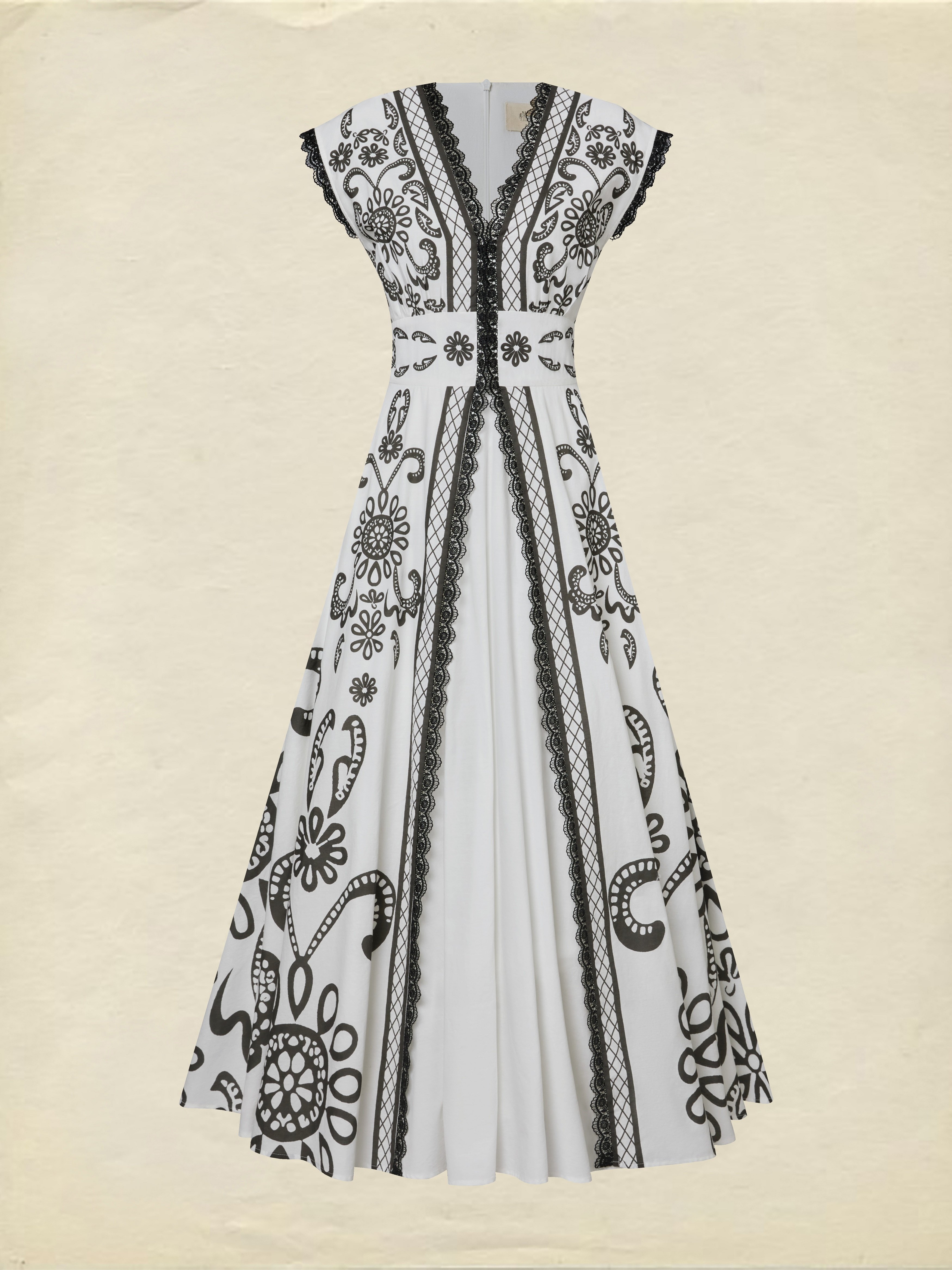 Maxi Cotton Dress, Cap Sleeves, V Neck, Paisley, Lace, Vacation, Vintage, White