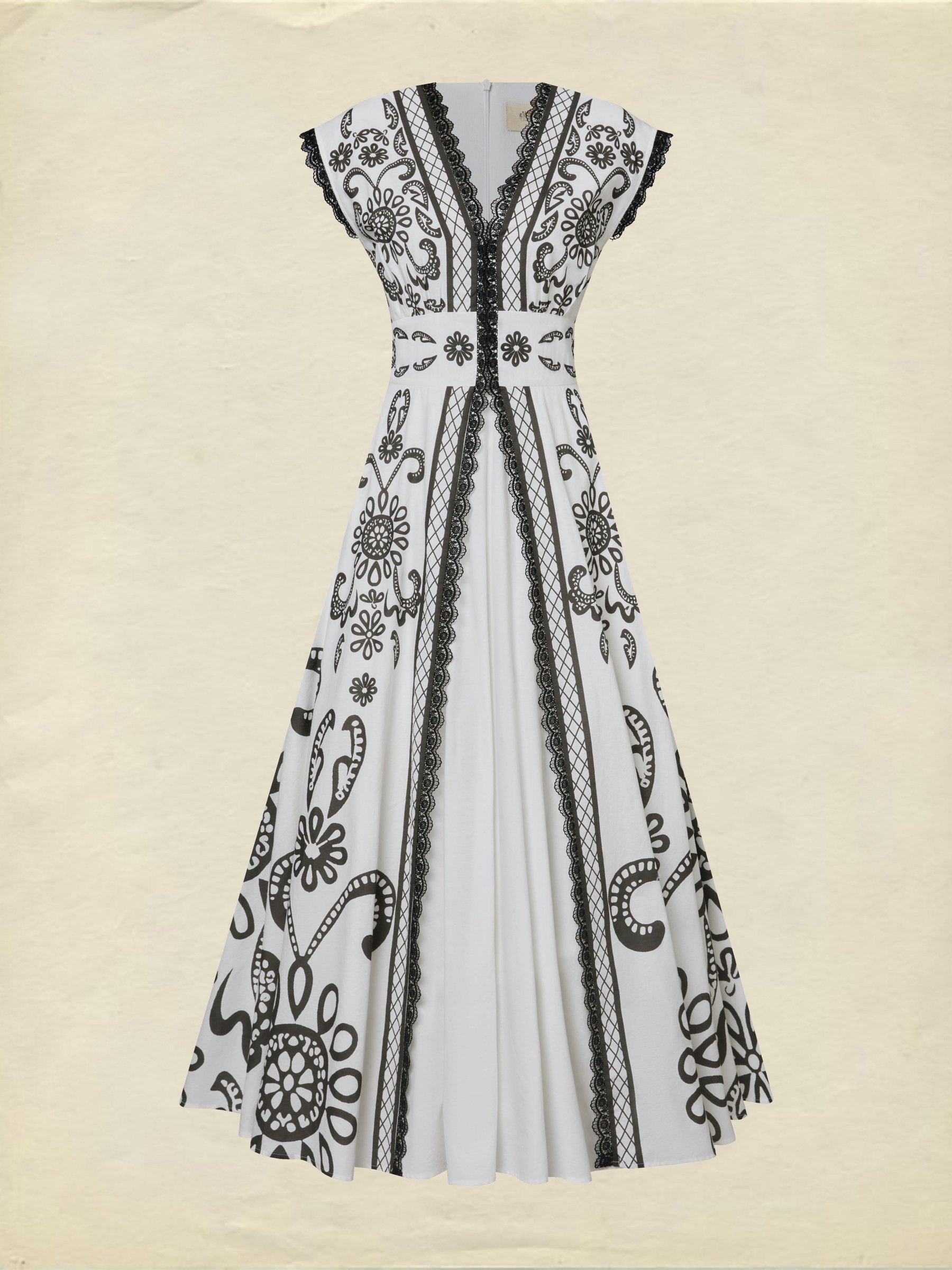 Maxi Cotton Dress, Cap Sleeves, V Neck, Paisley, Lace, Vacation, Vintage, White