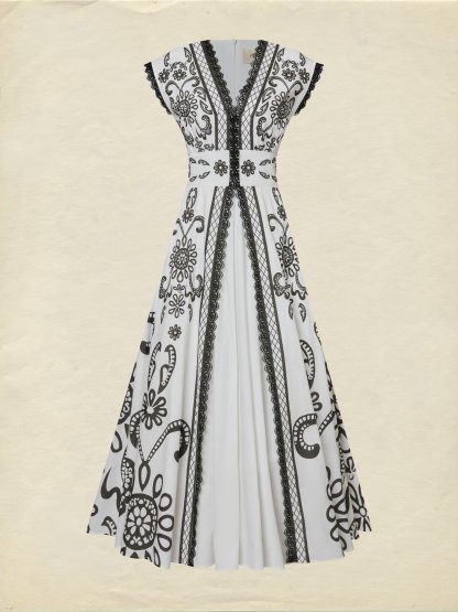 Maxi Cotton Dress, Cap Sleeves, V Neck, Paisley, Lace, Vacation, Vintage, White