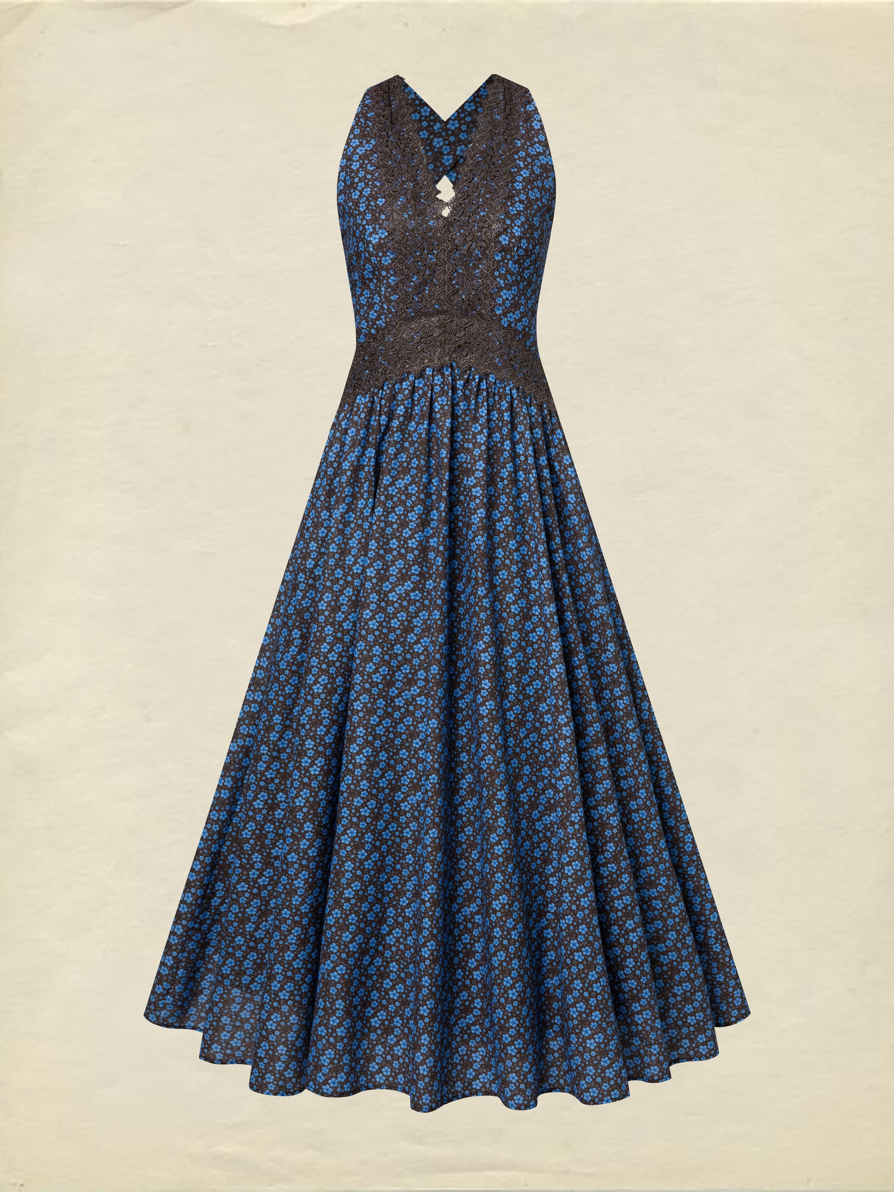 Maxi Cotton Dress, Sleeveless, V Neck, Floral, Lace, Vintage, Blue