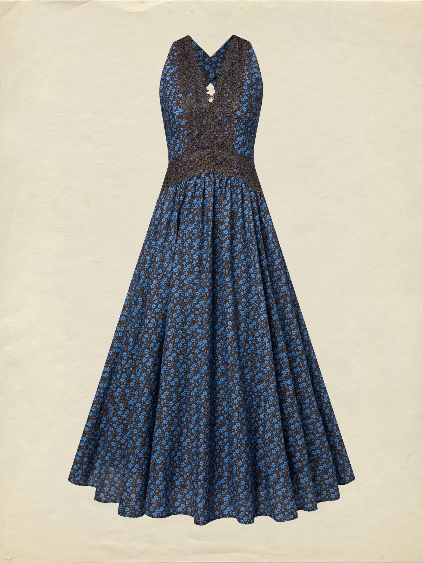 Maxi Cotton Dress, Sleeveless, V Neck, Floral, Lace, Vintage, Blue