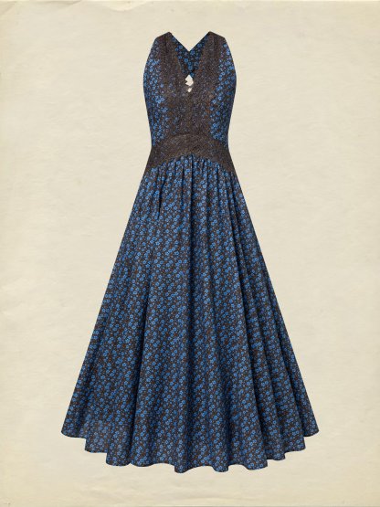 Maxi Cotton Dress, Sleeveless, V Neck, Floral, Lace, Vintage, Blue