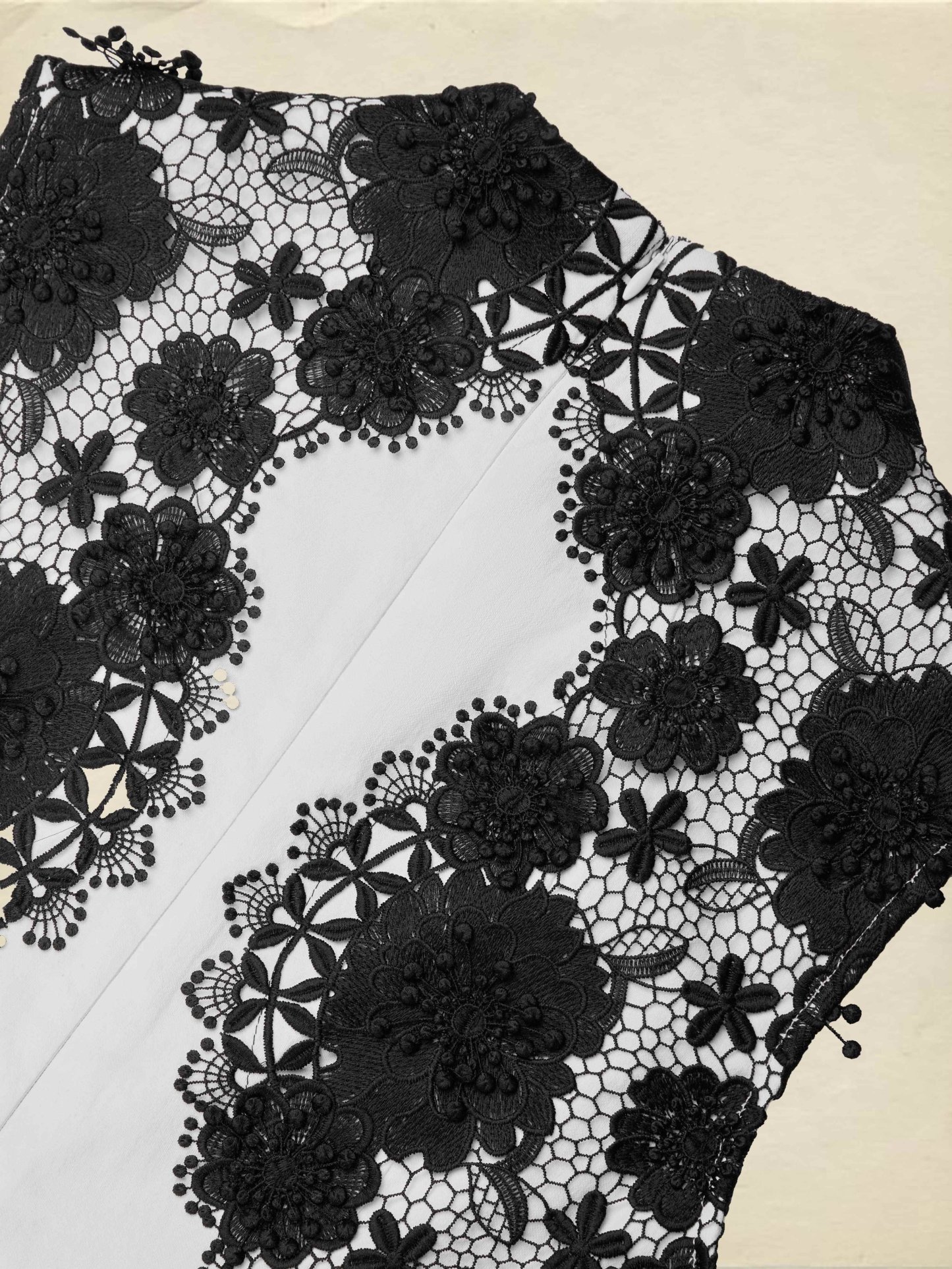 Midi Cotton Dress, Sleeveless, Stand Collar, Plain, Lace, French Vintage, White