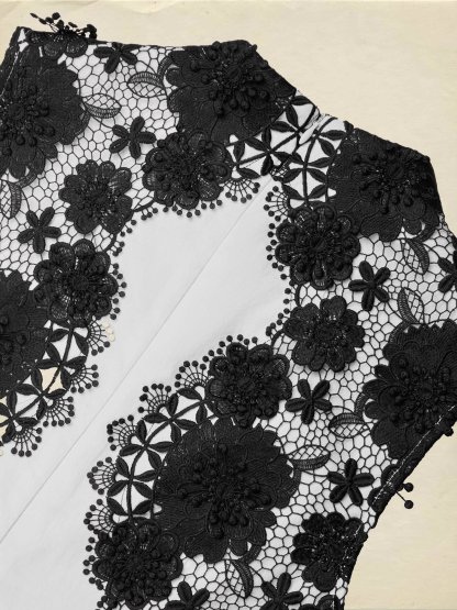 Midi Cotton Dress, Sleeveless, Stand Collar, Plain, Lace, French Vintage, White