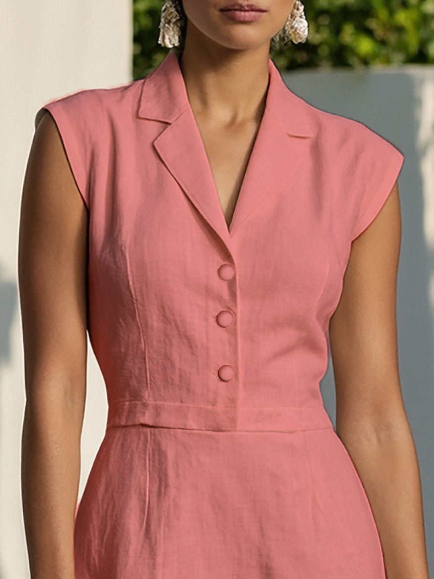 Maxi Linen Dress , Cap Sleeves, Shawl Collar, Plain, Button Design, Vintage, Pink
