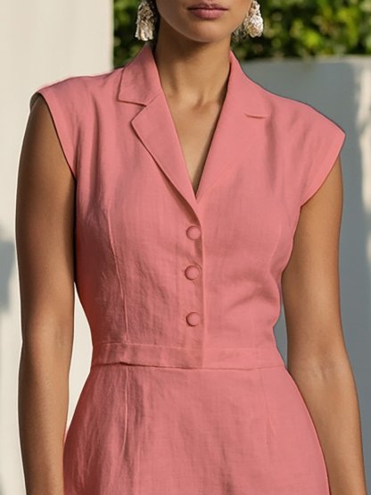 Maxi Linen Dress , Cap Sleeves, Shawl Collar, Plain, Button Design, Vintage, Pink