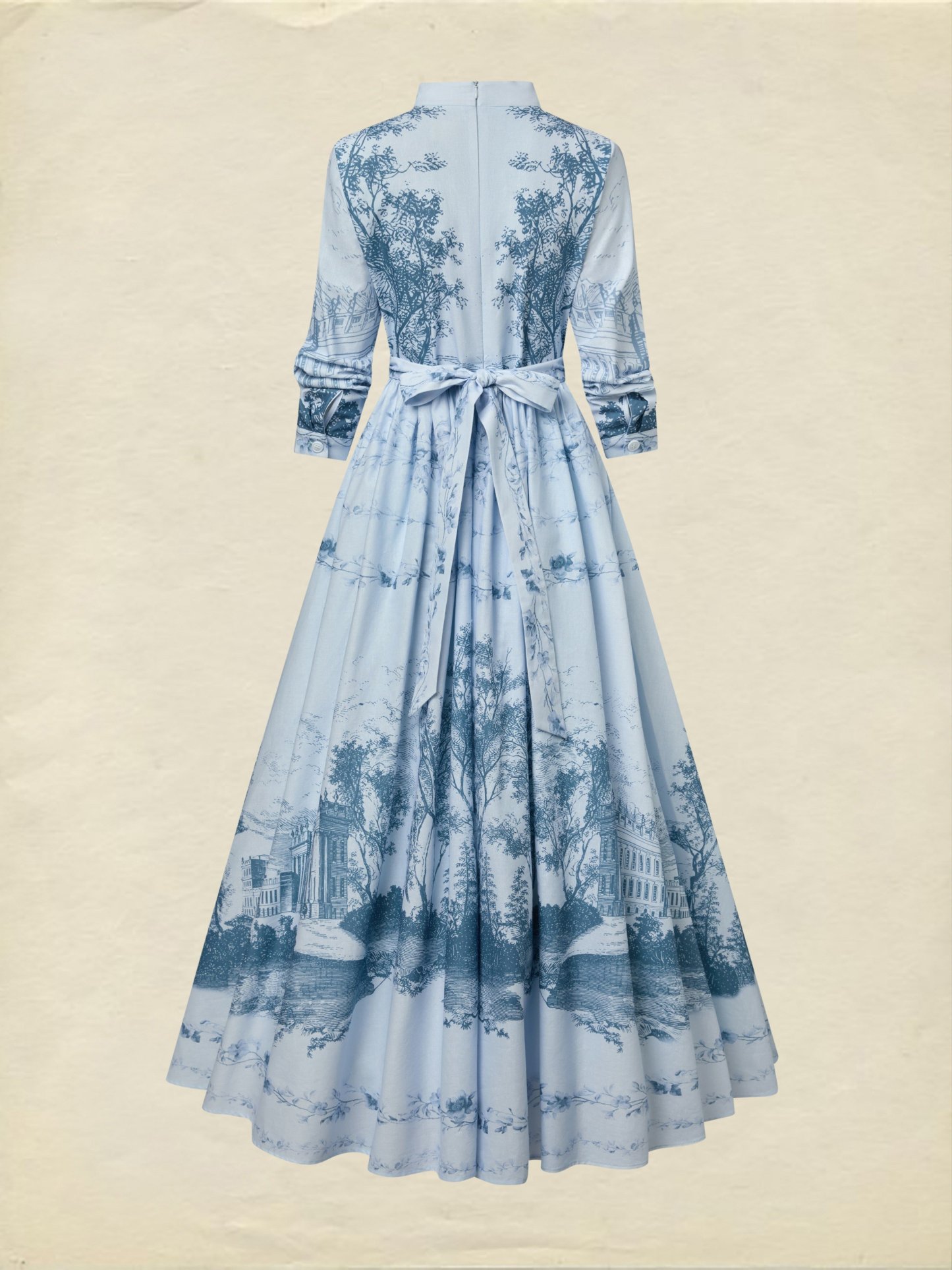 Maxi Cotton Dress, Long Sleeves, Stand Collar, Floral, Pocket Design, Vintage, Blue