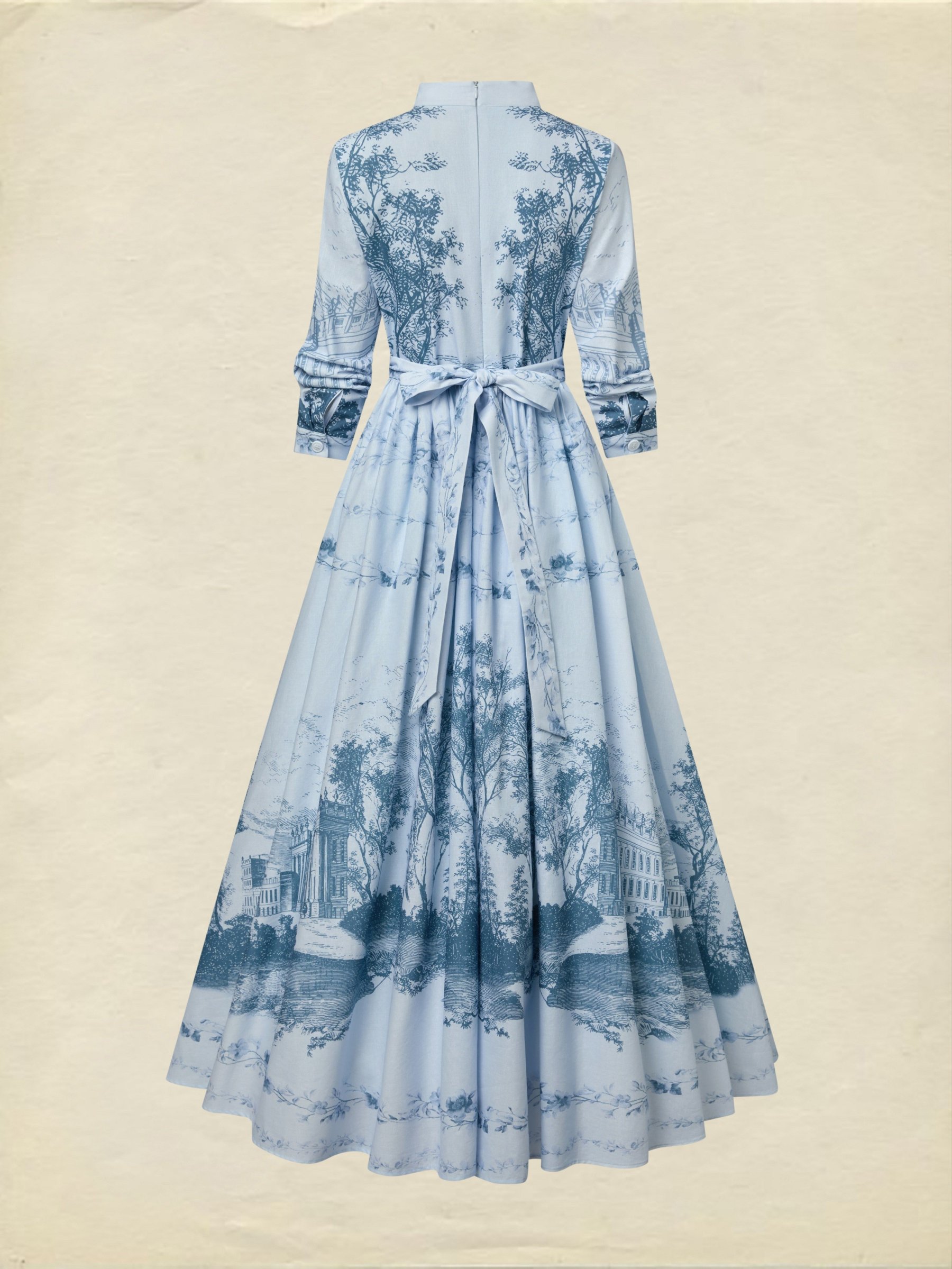 Maxi Cotton Dress, Long Sleeves, Stand Collar, Floral, Pocket Design, Vintage, Blue