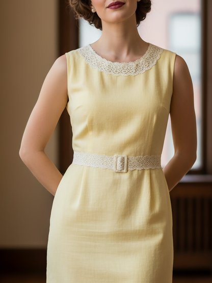 Mini Linen Dress, Sleeveless, Round Neck, Plain, Belt Design, Vintage, Yellow
