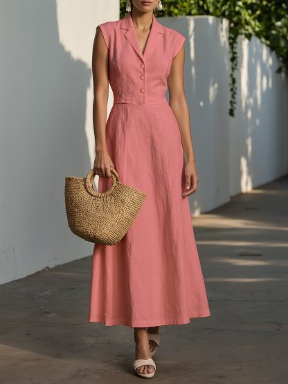 Maxi Linen Dress , Cap Sleeves, Shawl Collar, Plain, Button Design, Vintage, Pink