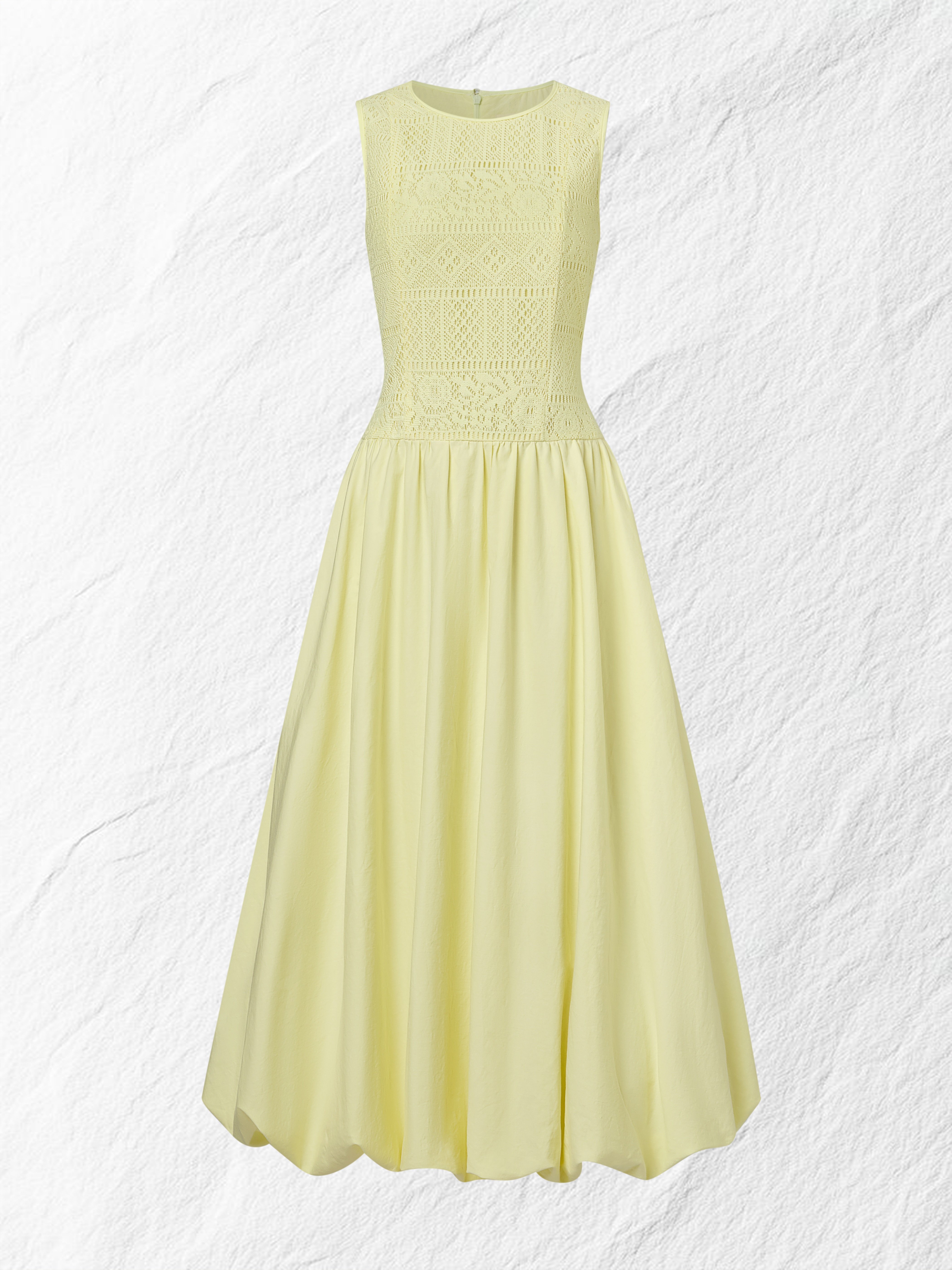 Midi Cotton Dress, Sleeveless, Round Neck, Plain, Lace, French Vintage, Light Yellow