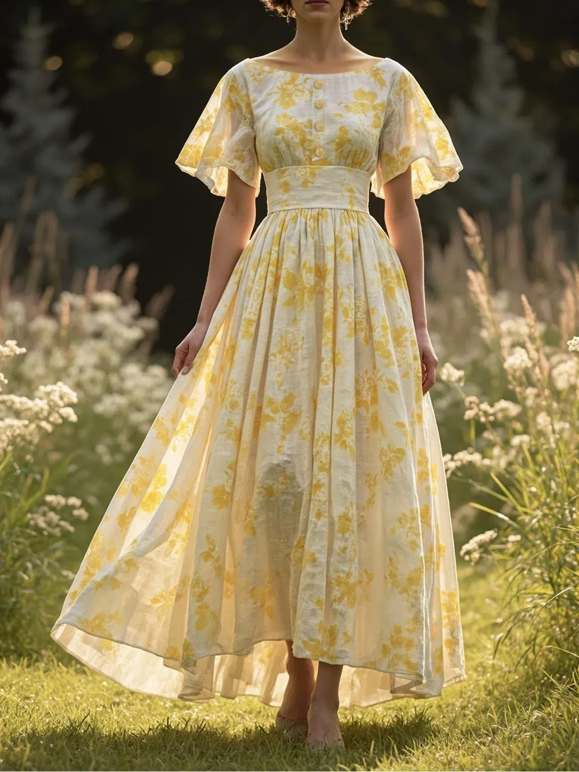 Linen Maxi Dress, Bell Sleeve, Boat Neck, Floral, Vintage
