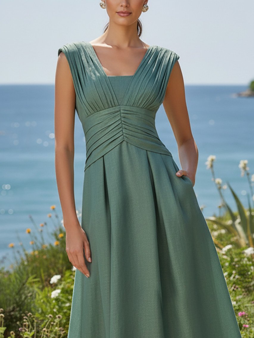 Maxi Linen Dress, Sleeveless, V Neck, Plain, Vintage, Green