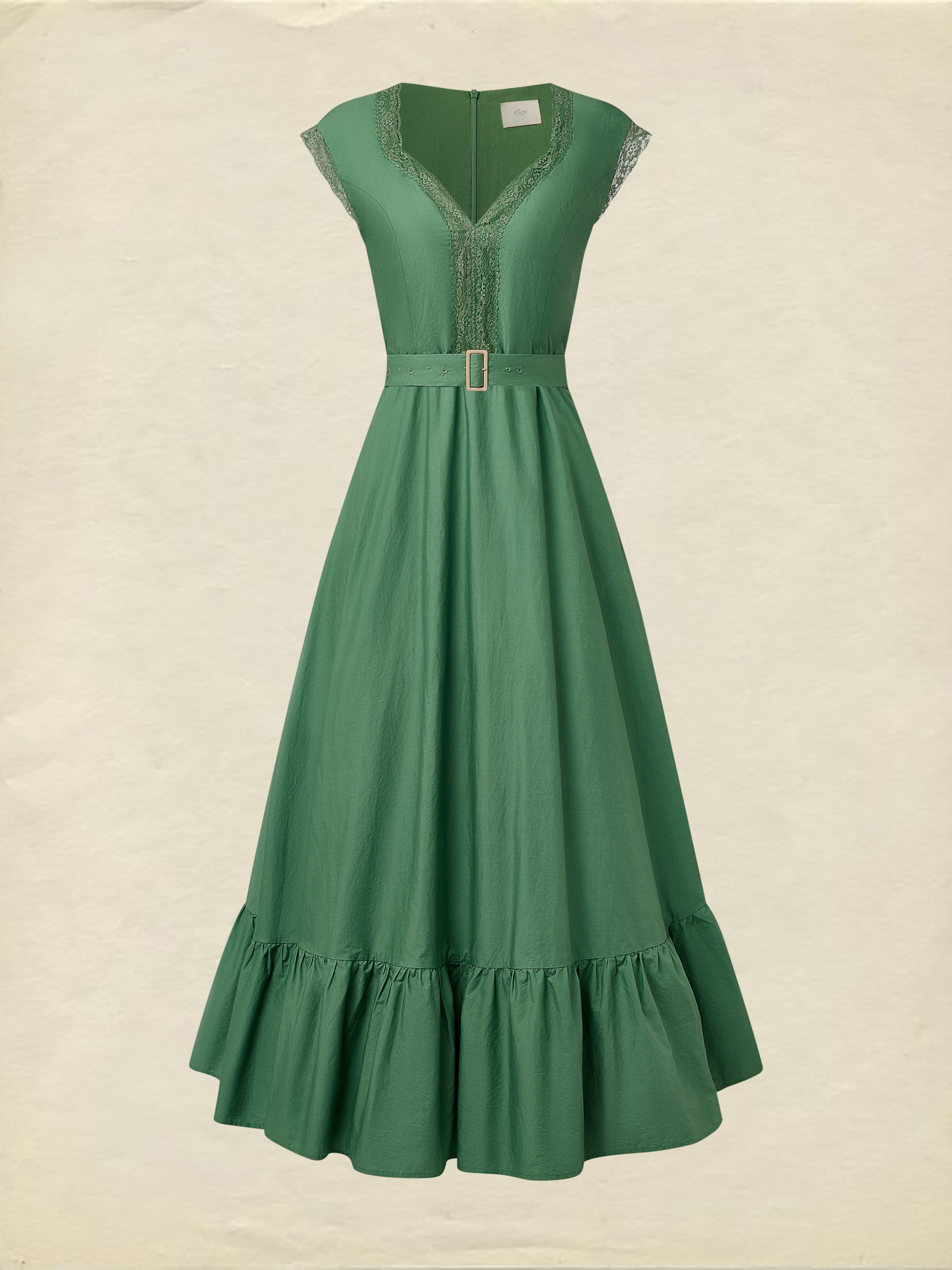 Pure Cotton Maxi Dress, Short Sleeve, Lace Collar, Plain, Vintage, Green