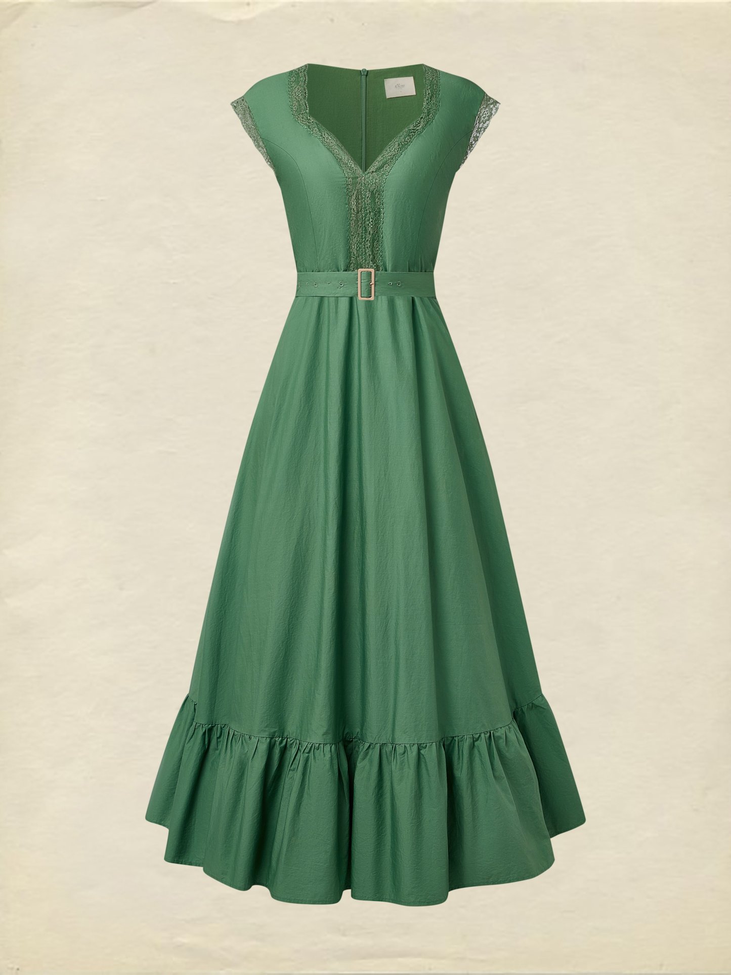 Pure Cotton Maxi Dress, Short Sleeve, Lace Collar, Plain, Vintage, Green