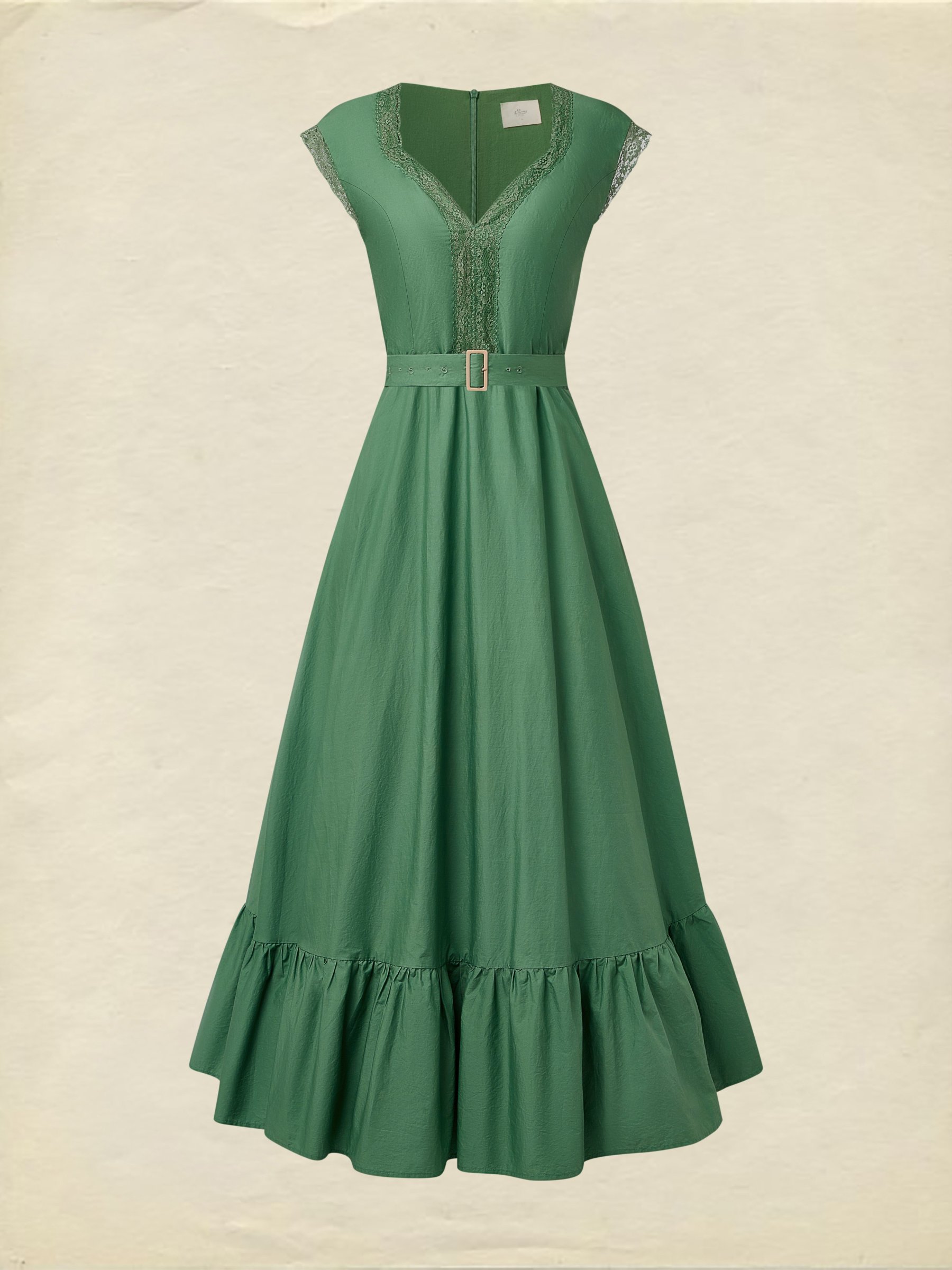 Pure Cotton Maxi Dress, Short Sleeve, Lace Collar, Plain, Vintage, Green