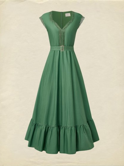 Pure Cotton Maxi Dress, Short Sleeve, Lace Collar, Plain, Vintage, Green