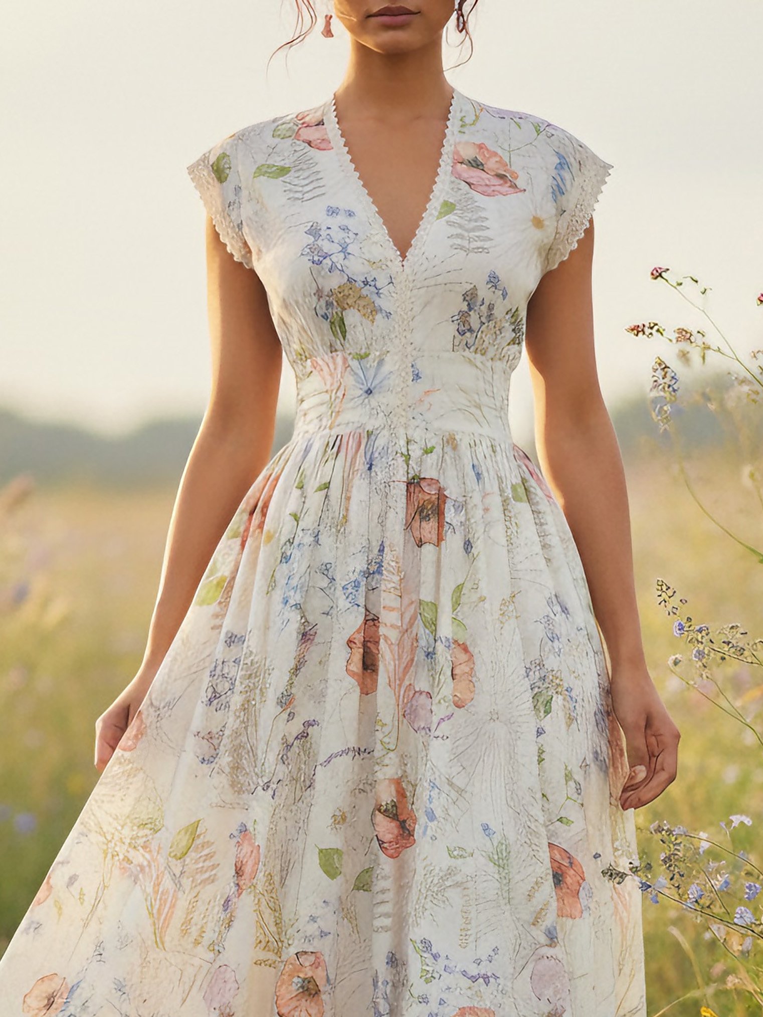 Maxi Cotton Dress, Cap Sleeves, V Neck, Floral, Lace, Vintage, Red