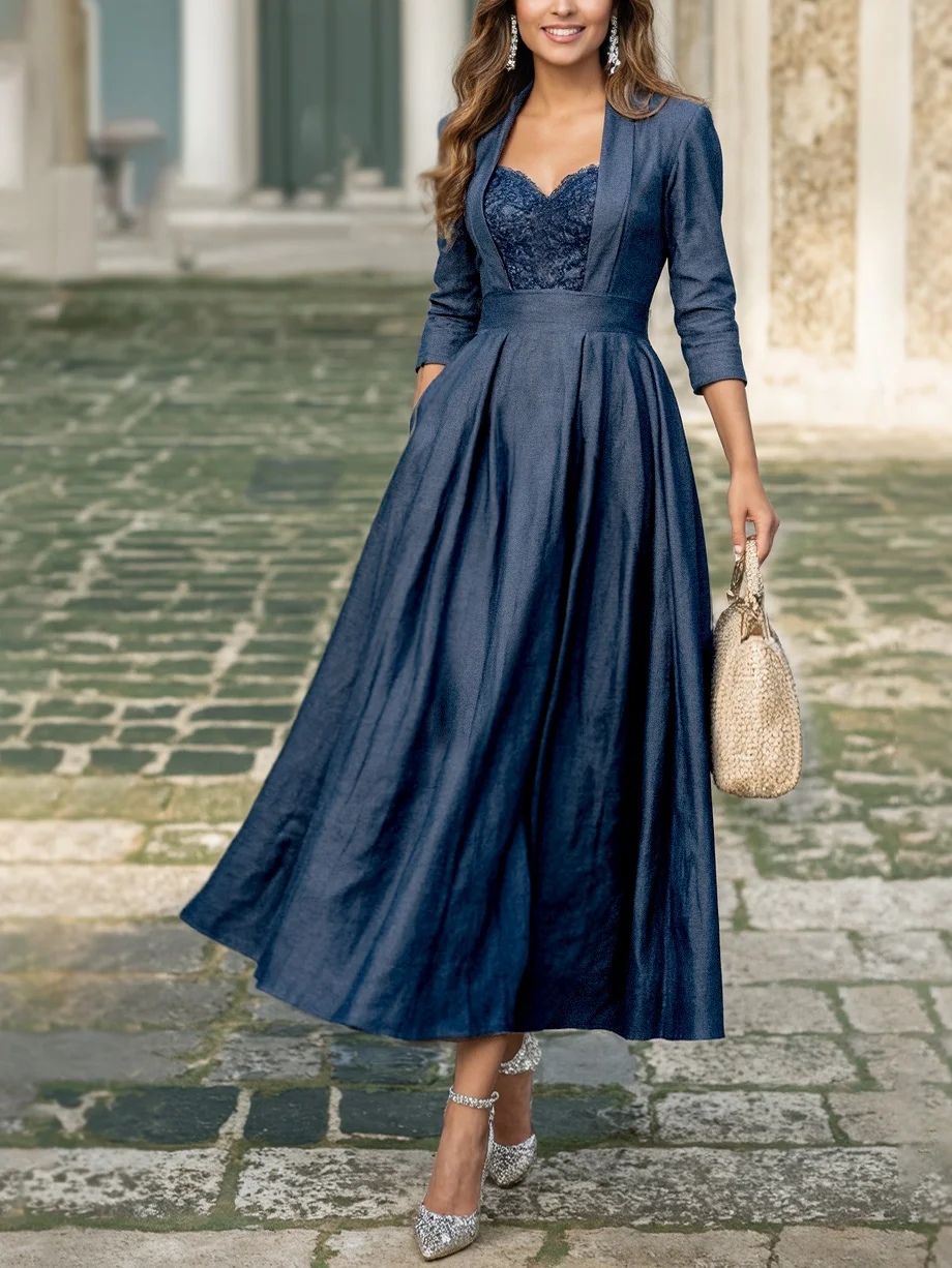 Maxi Linen Dress, Half Sleeve, Sweetheart Neck, Plain, Lace, Vintage, Denim Blue