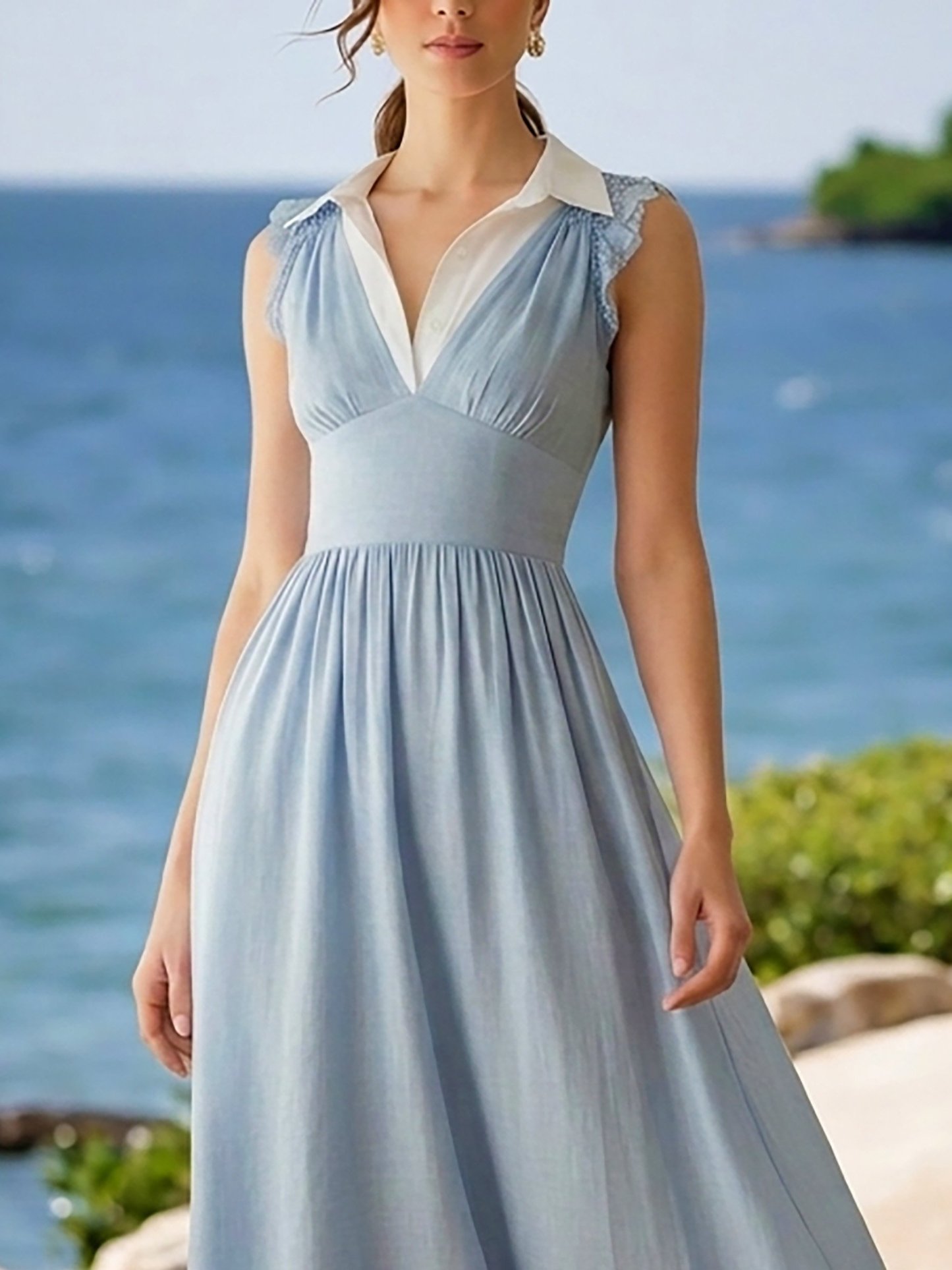 Maxi Linen Dress, Sleeveless, Shawl Collar, Plain, Lace, French Vintage, Blue