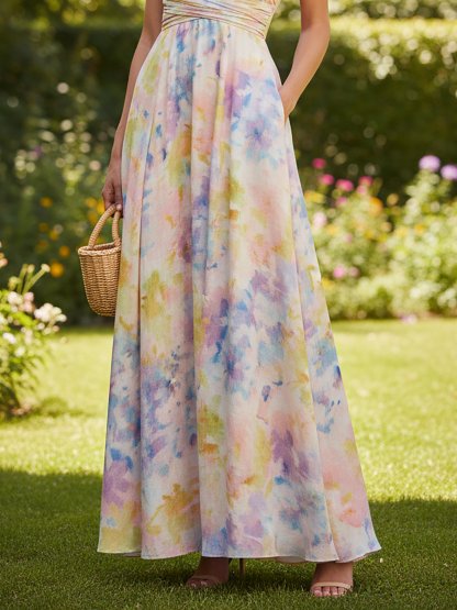 Maxi Linen Dress, Sleeveless, One Shoulder, Floral, Vacation, Vintage, White