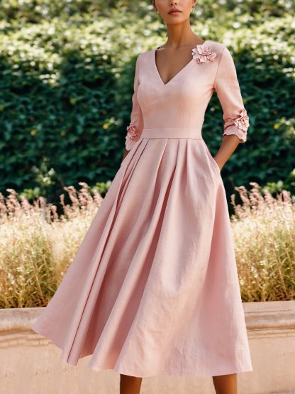 Linen Midi Dress, Three Quarter Sleeve, V neck, Plain, Vintage, Pink