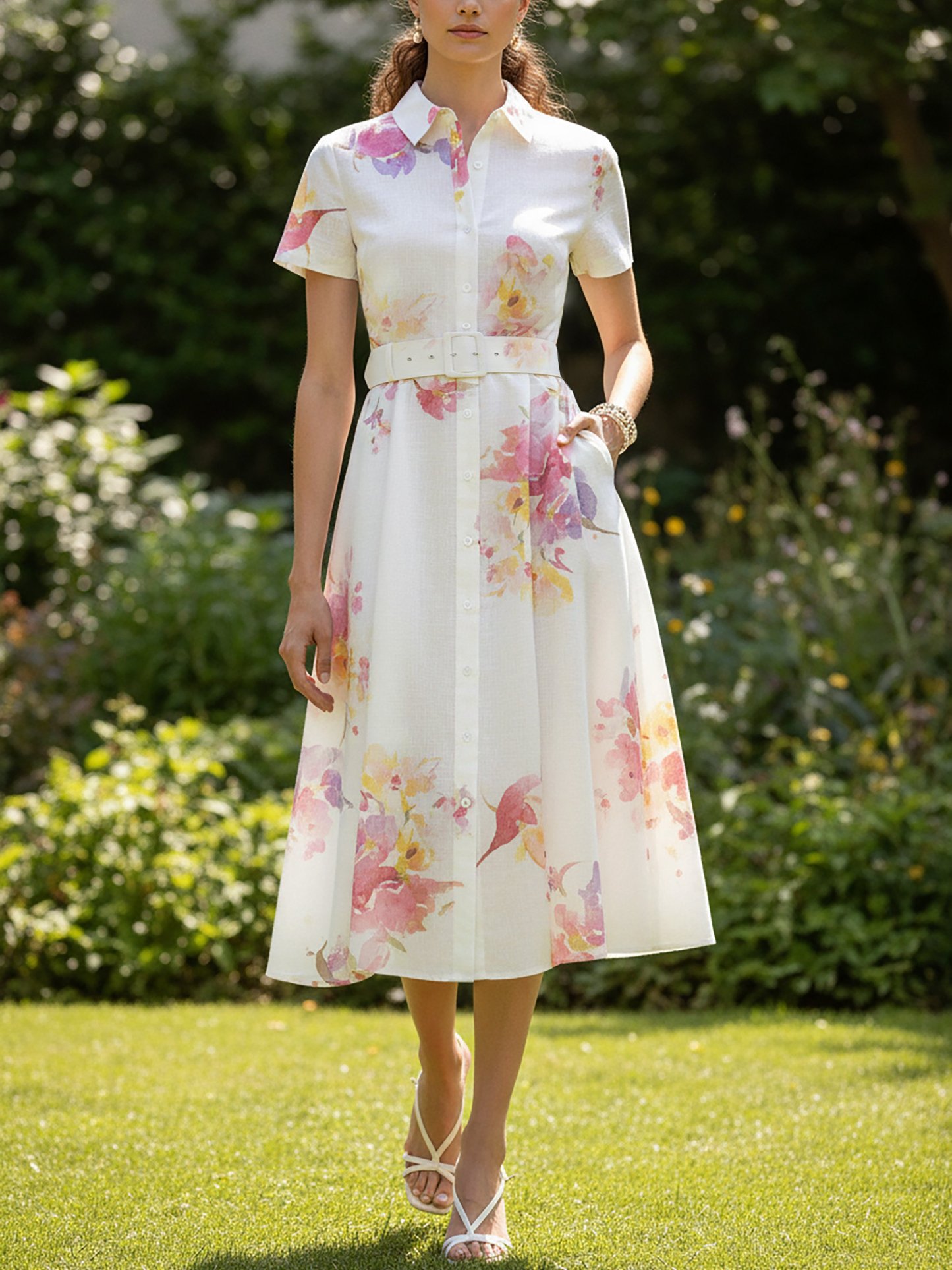 Regular Sleeve Vintage Floral Dress With Belt