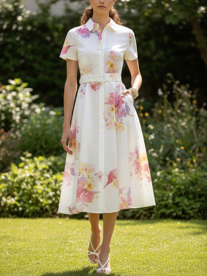 Regular Sleeve Vintage Floral Dress With Belt