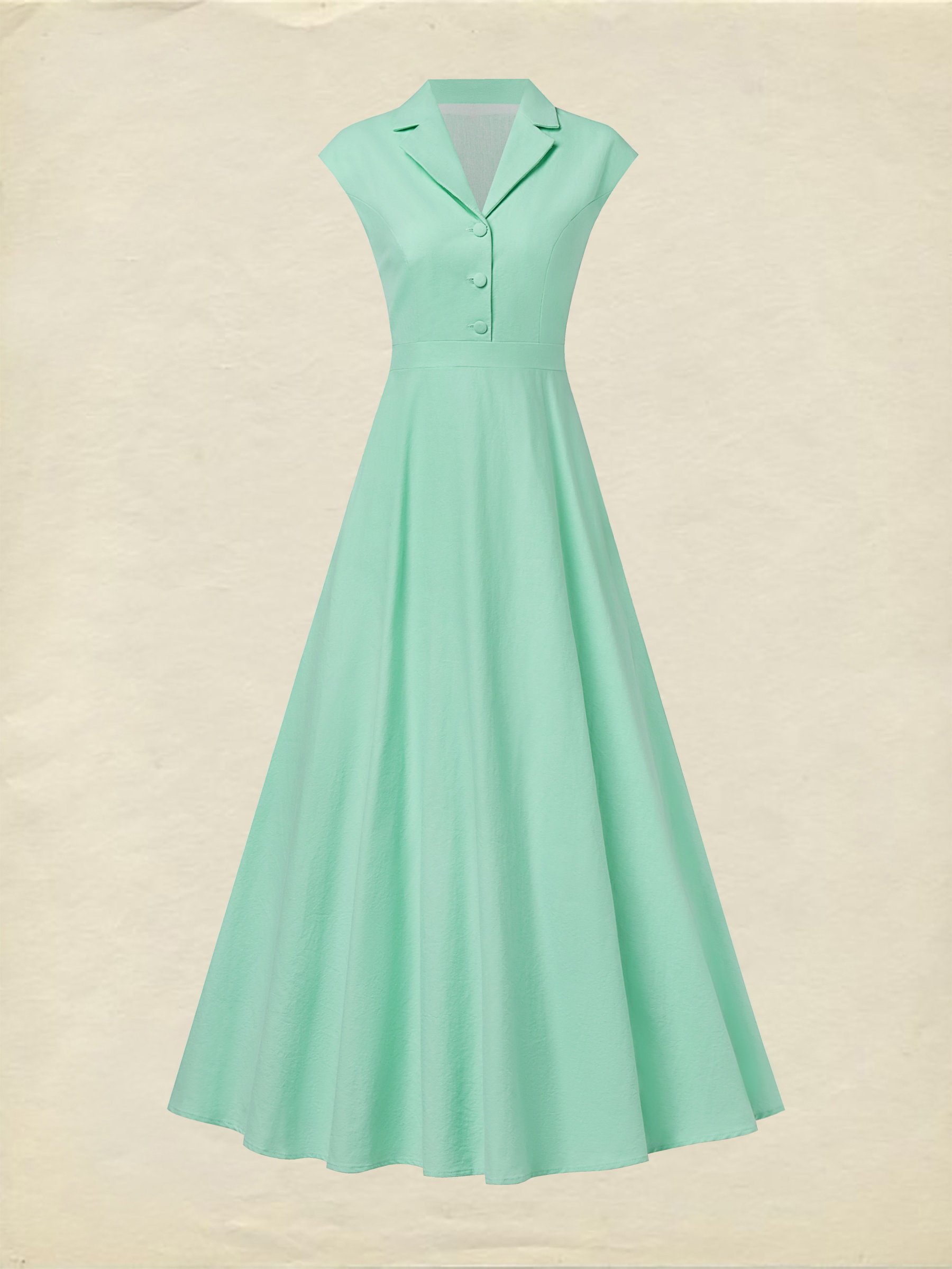 Maxi Cotton Dress , Cap Sleeves, Shawl Collar, Plain, Button Design, Vintage,  Light Green