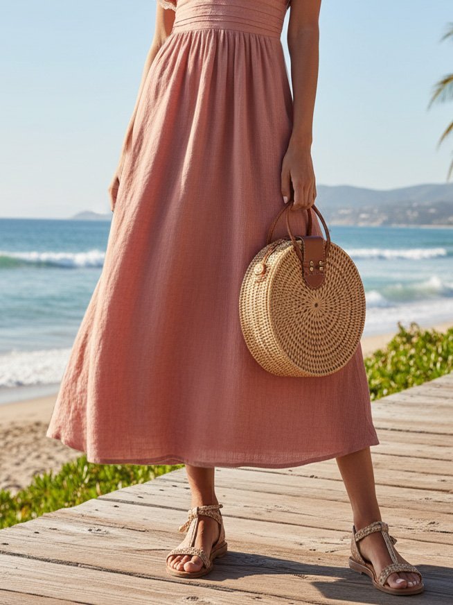 Midi Linen Dress, Short Sleeves, V Neck, Plain, Lace, Vacation, Vintage, Deep Pink