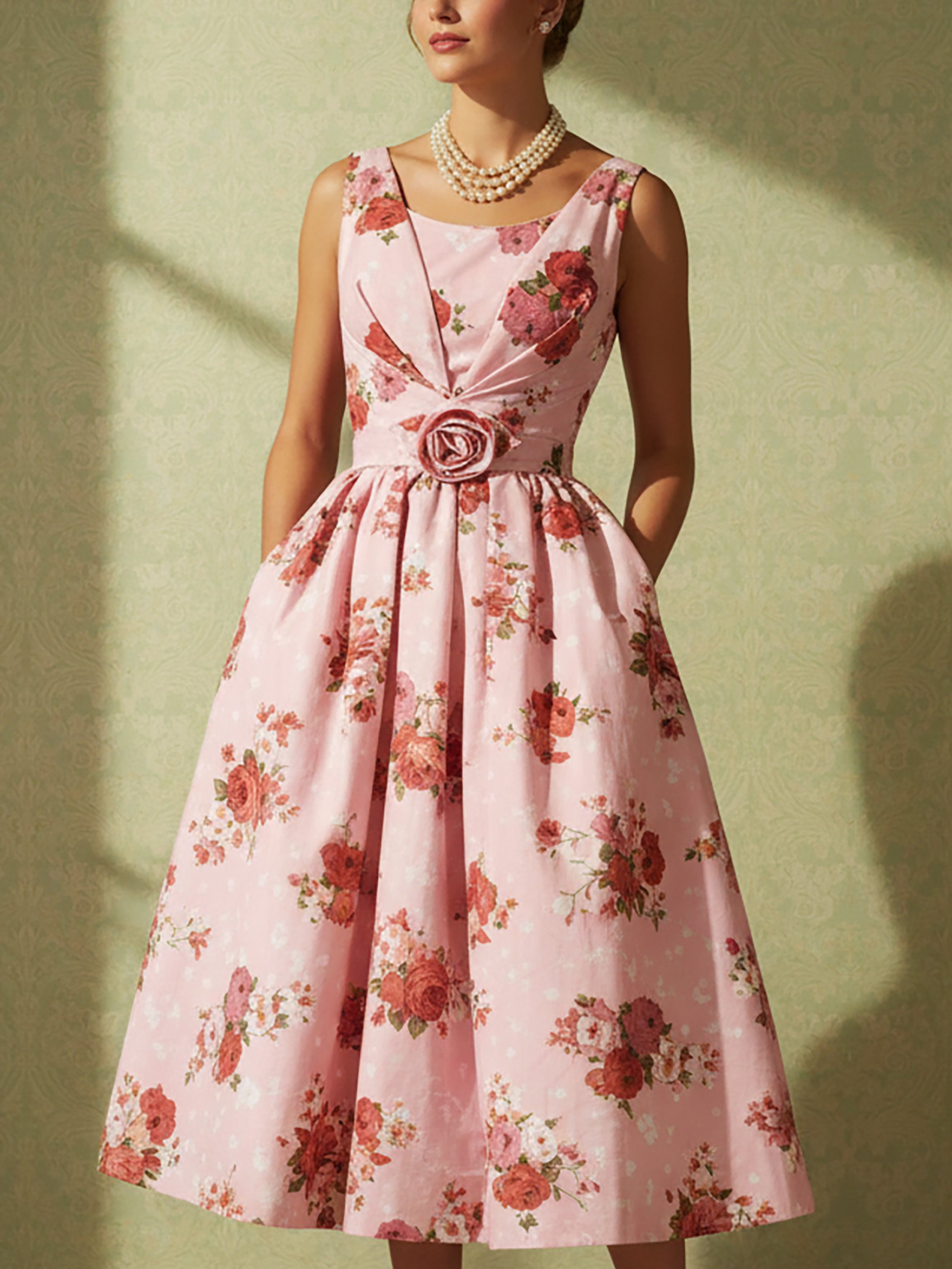 Midi Linen Dress, Sleeveless, Square Neck, Floral, 3D Floral, Vintage, Pink