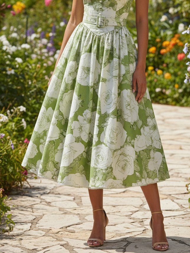 Midi Linen Dress, Sleeveless, Halter, Floral, Belt Design, Vintage, Green