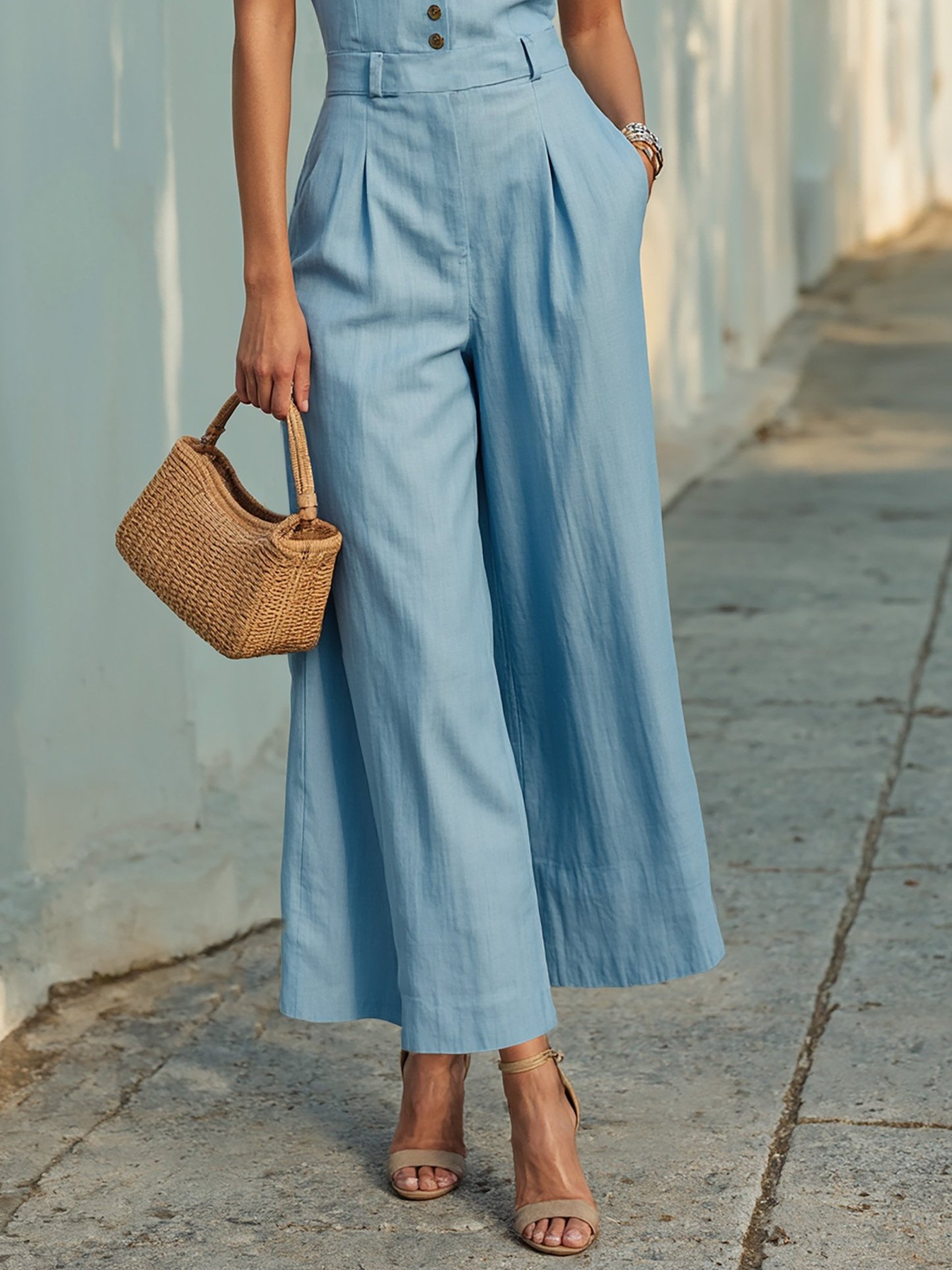 Cotton Jumpsuit , Cap Sleeves, V Neck, Plain, 3D Floral, French Vintage, Blue