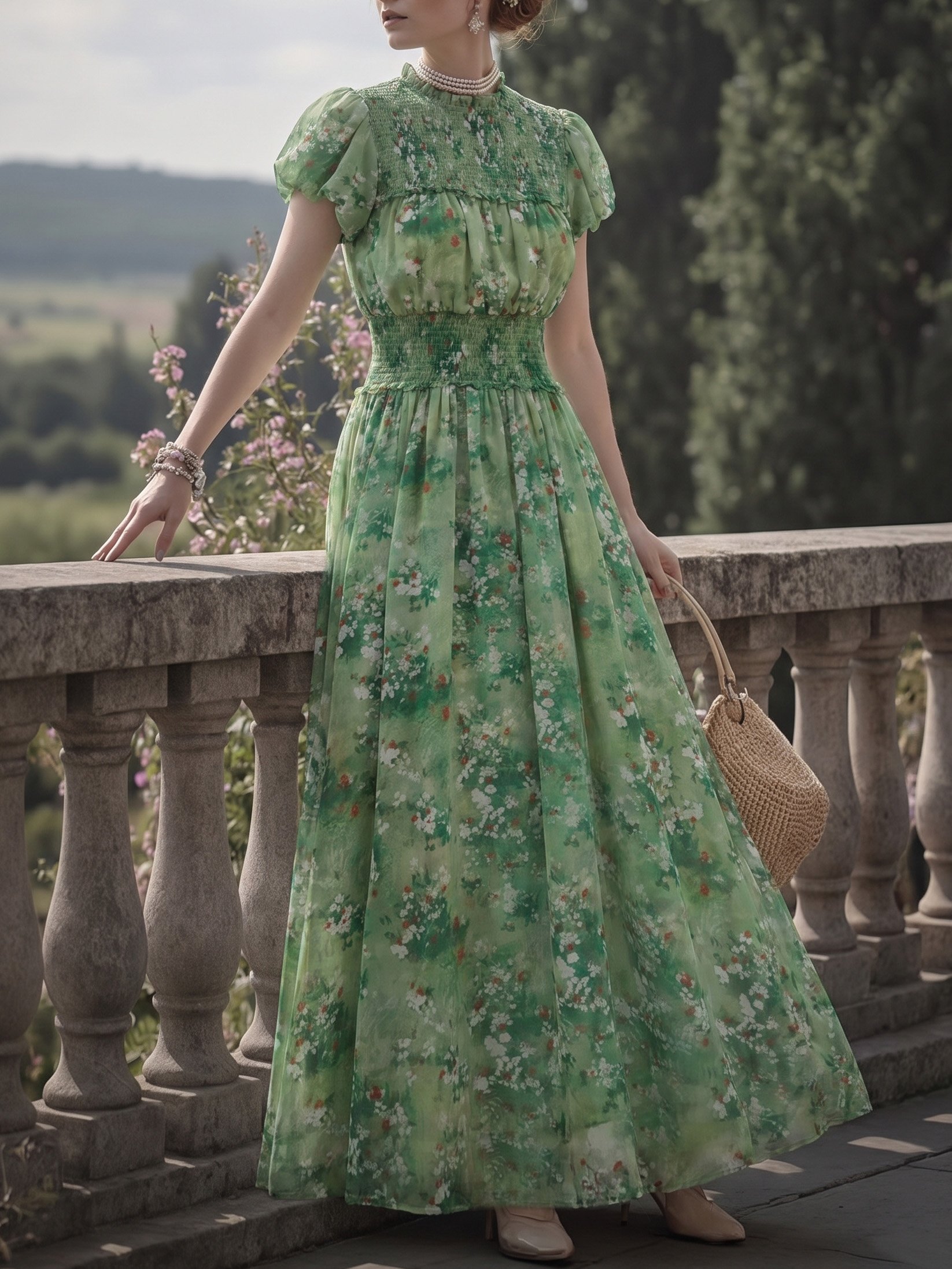 Elegant Linen Floral Crew Neck Balloon Sleeve Dress With No