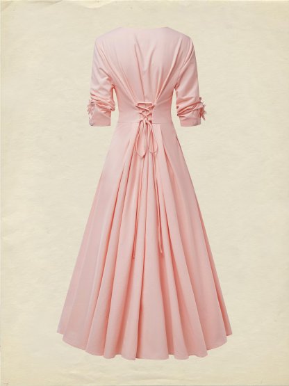 Linen Midi Dress, Three Quarter Sleeve, V neck, Plain, Vintage, Pink