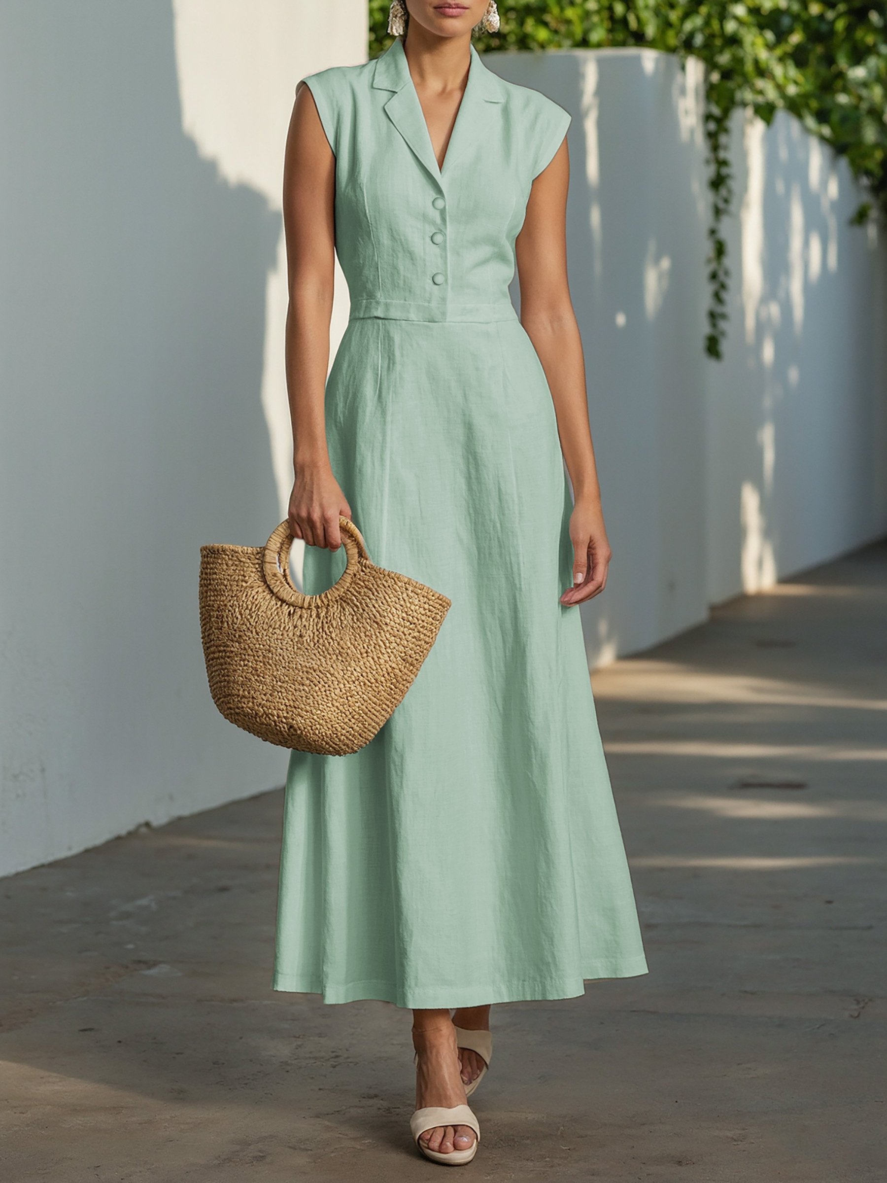 Maxi Cotton Dress , Cap Sleeves, Shawl Collar, Plain, Button Design, Vintage,  Light Green