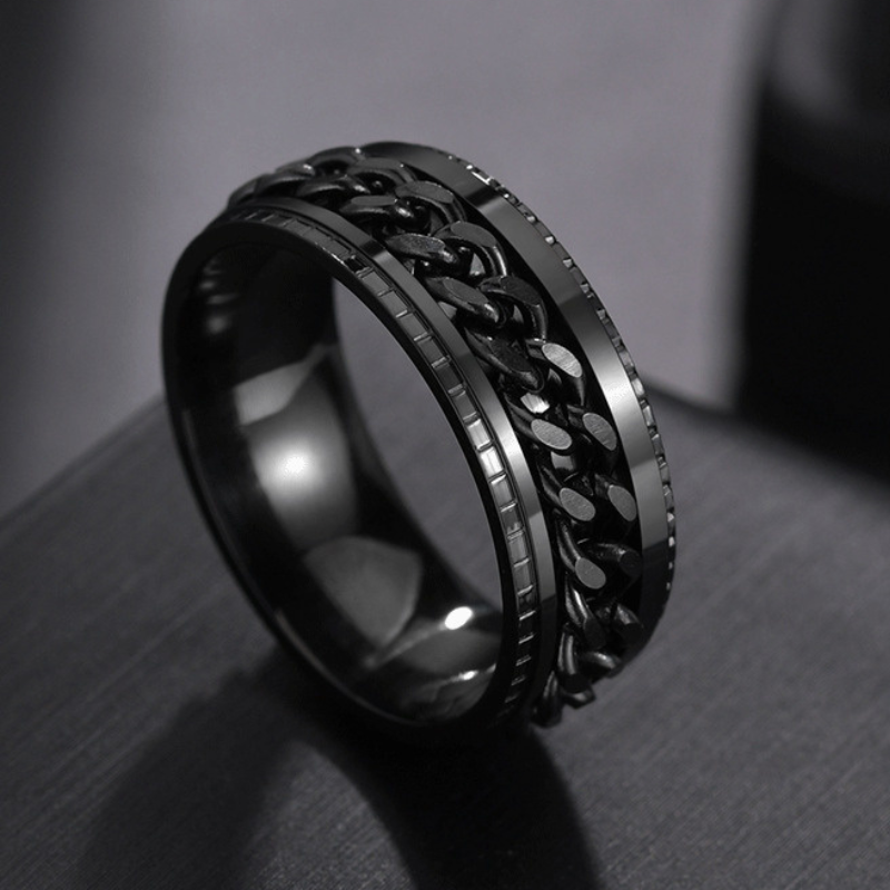 Iced Out Moissanite Cuban Link Rotating Mens Ring in Black Gold