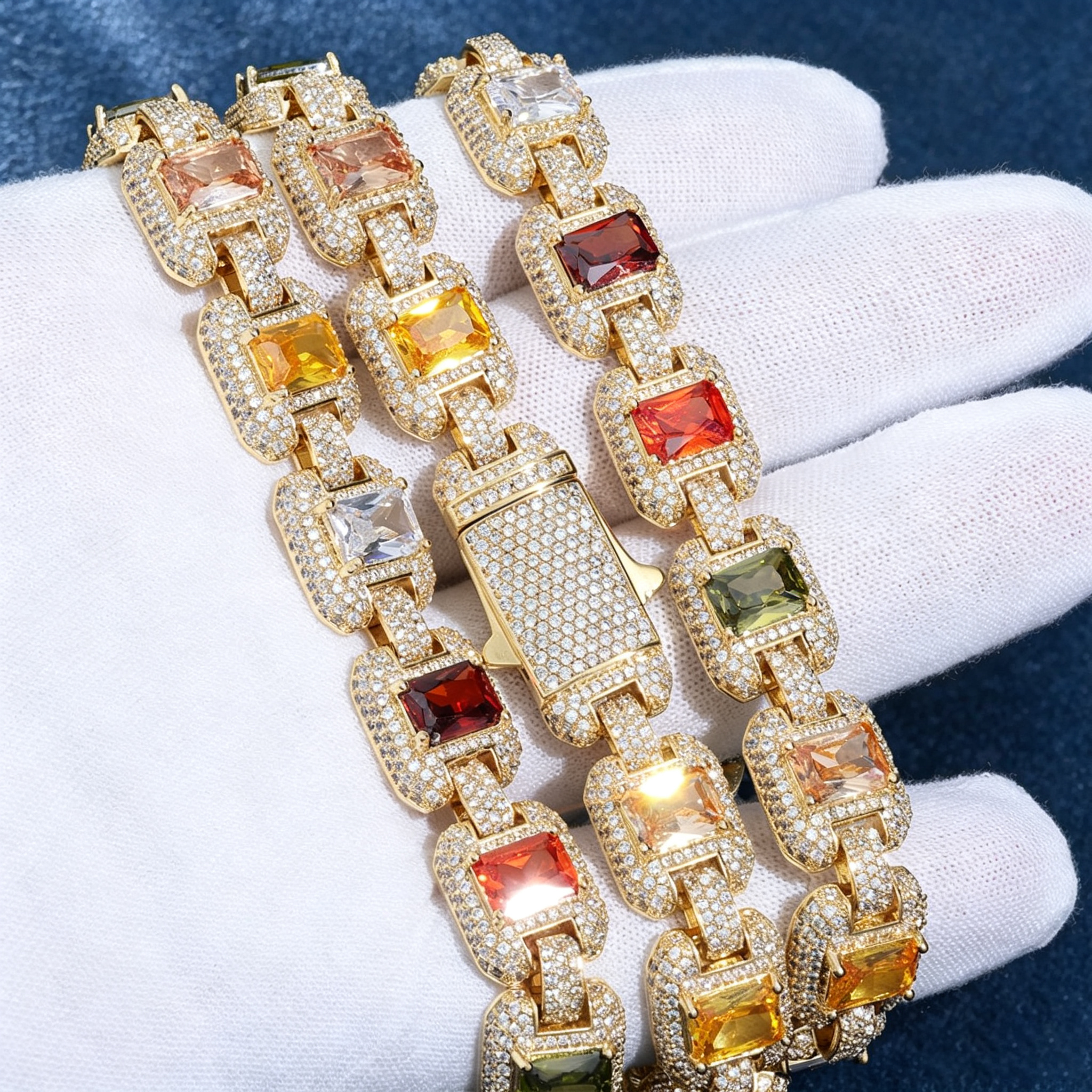 12mm S925 Moissanite Colored Gemstones Cuban Chain Necklace/Bracelet