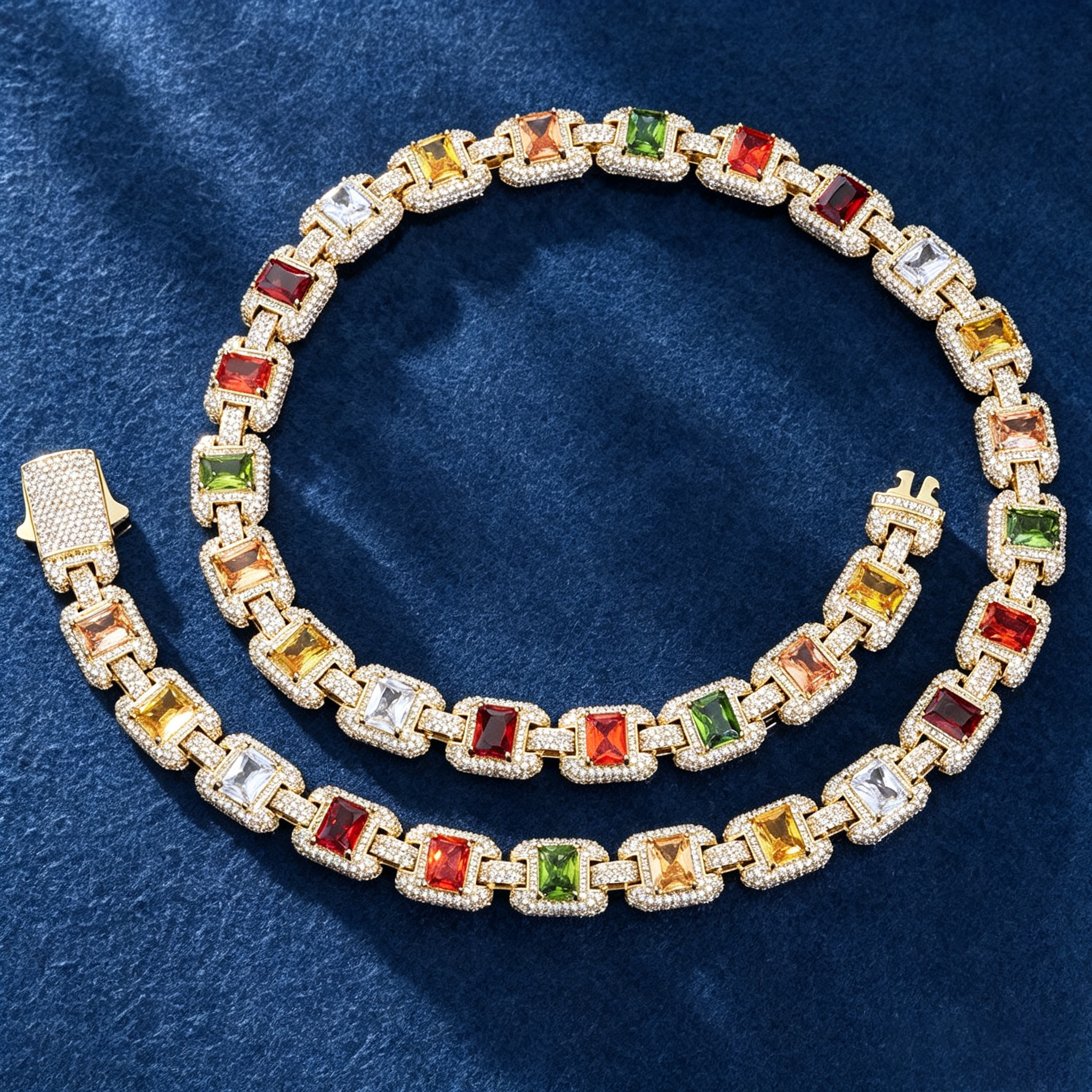 12mm S925 Moissanite Colored Gemstones Cuban Chain Necklace/Bracelet